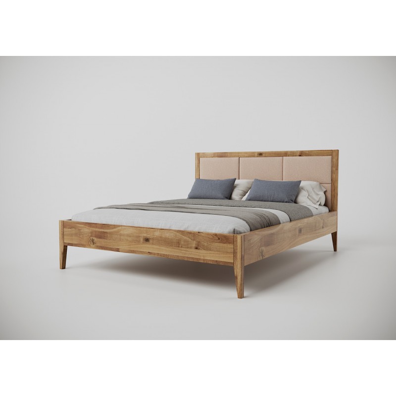 Łóżko drewniane dębowe Retro z tapicerowanym wezgłowiem DZIKI DĄB