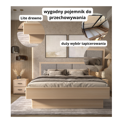 Łóżko bukowe z pojemnikiem z tapicerowanym wezgłowiem FORTA Łóżko bukowe z pojemnikiem z tapicerowanym wezgłowiem FORTA