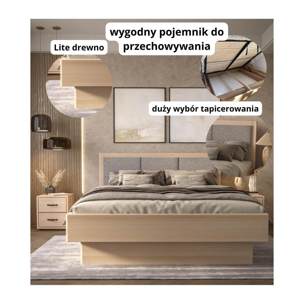 Łóżko bukowe z pojemnikiem z tapicerowanym wezgłowiem FORTA