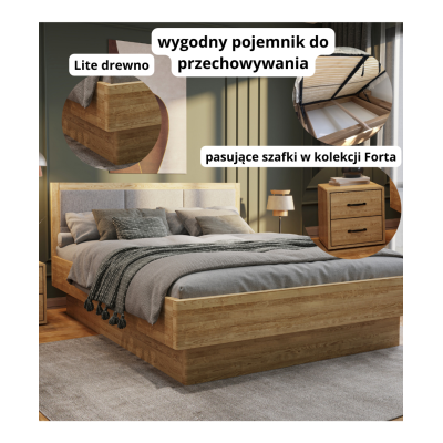 Łóżko dębowe z pojemnikiem z tapicerowanym wezgłowiem FORTA