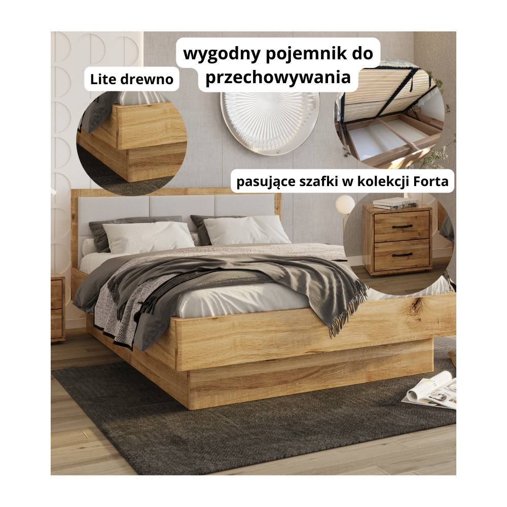 Łóżko dębowe z pojemnikiem z tapicerowanym wezgłowiem FORTA dziki dąb