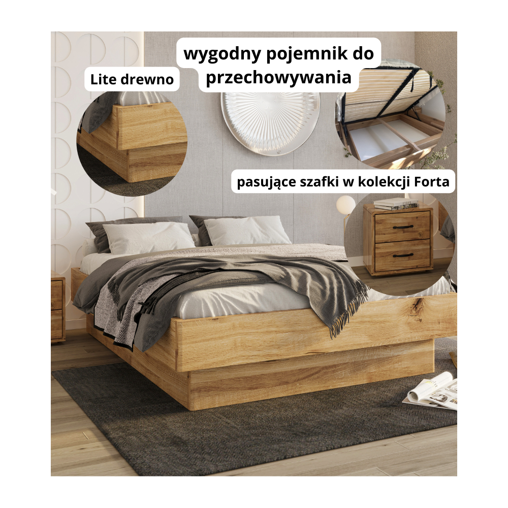 Łóżko dębowe Forta Lite z pojemnikiem dziki dąb