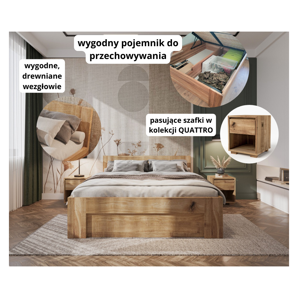 Łóżko Dębowe ze Skrzynią Quattro z Pojemnikiem | Polskie | Drewniane do Sypialni