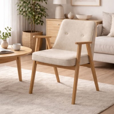 Krzesło MKR-04 z podłokietnikami – dębowe, tapicerowane beżową tkaniną