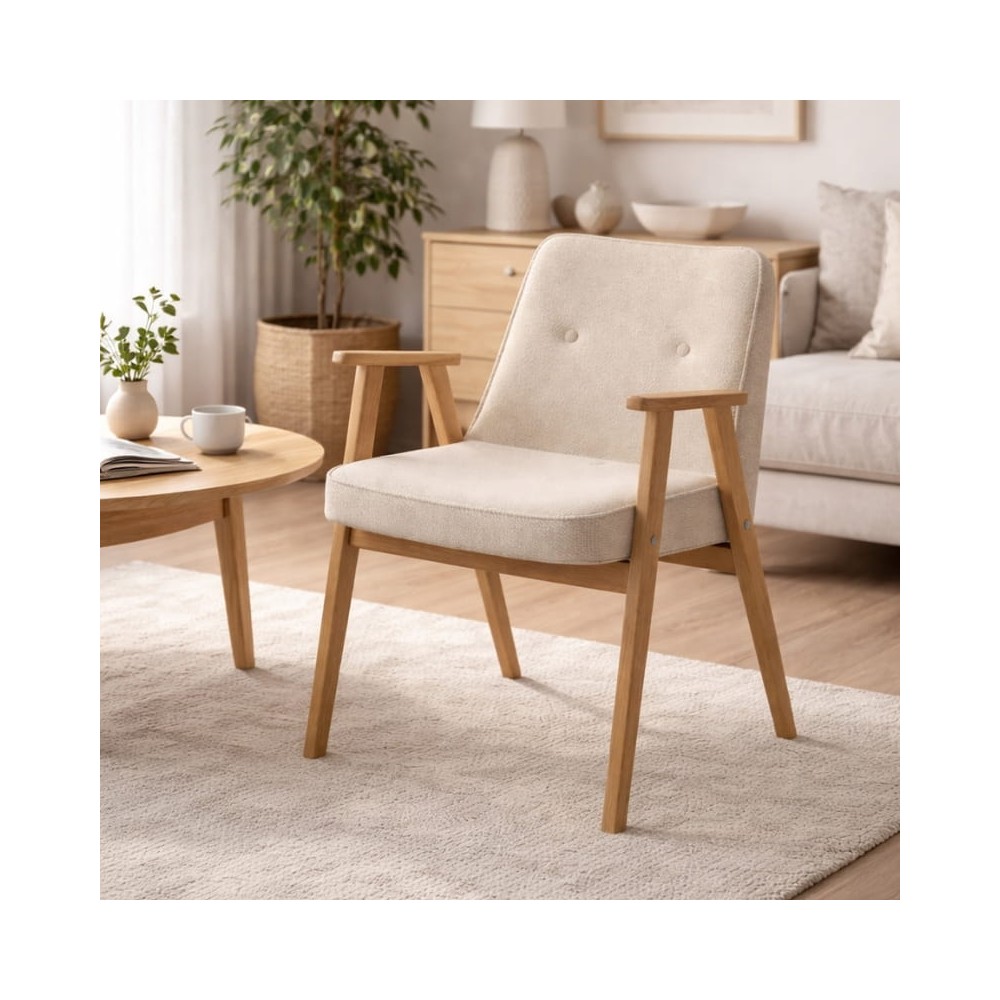 Krzesło MKR-04 z podłokietnikami – dębowe, tapicerowane beżową tkaniną