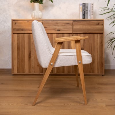 Krzesło MKR-04 z podłokietnikami – dębowe, tapicerowane beżową tkaniną