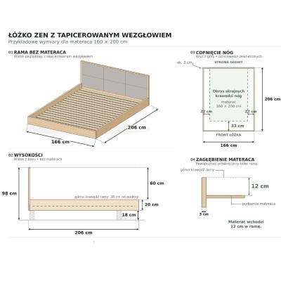 Łóżko dębowe lewitujące z tapicerowanym wezgłowiem ZEN