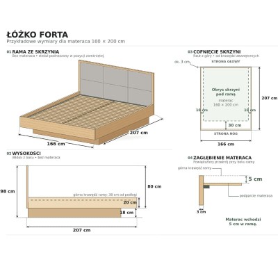 Łóżko dębowe z pojemnikiem z tapicerowanym wezgłowiem FORTA